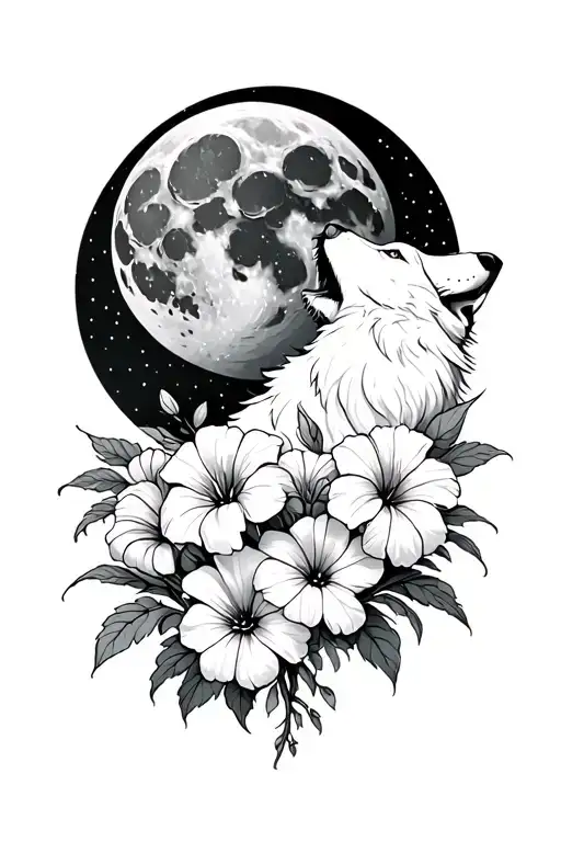 aster and morning glory flowers with a white wolf howling at the moon tattoo design idea