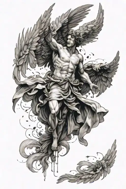 black and white image, greek statue male angel with a halo and black feathered wings with feathers falling down, sculped tattoo design idea