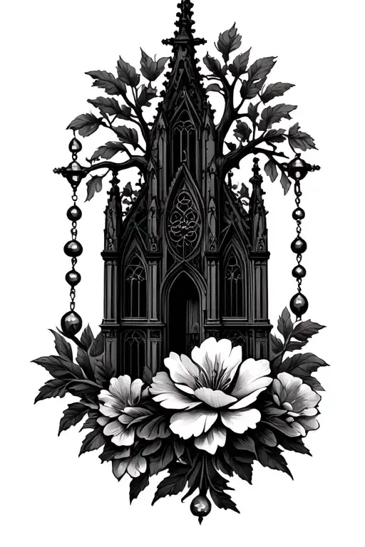 rosary necklace wrap, gothic cathedral, flowers, art deco architecture patterns, tree tattoo design idea