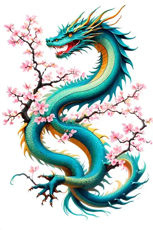 dragon spiraling around cherry blossom tree tattoo design idea