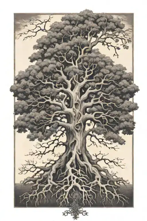 oak tree with roots spelling YHWH tattoo design idea