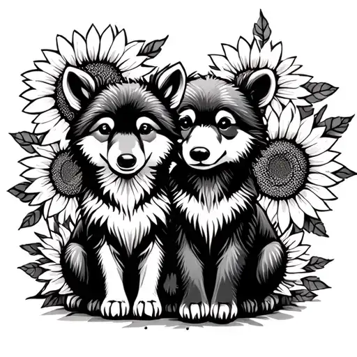  cute baby wolf and bear sitting with sunflowers and roses. black tattoo design idea
