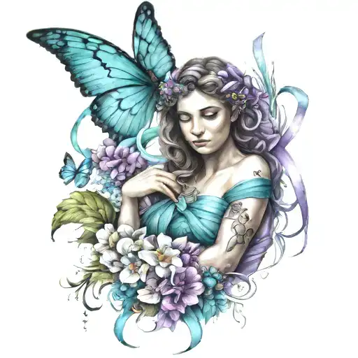 Guardian angel Holding teal and purple ribbon and is surrounded by flowers and butterflies tattoo design idea