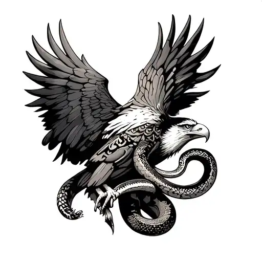 an eagle with bio-mechanical elements, holding a snake in its talons.  tattoo design idea