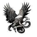 an eagle with bio-mechanical elements, holding a snake in its talons.  tattoo design idea