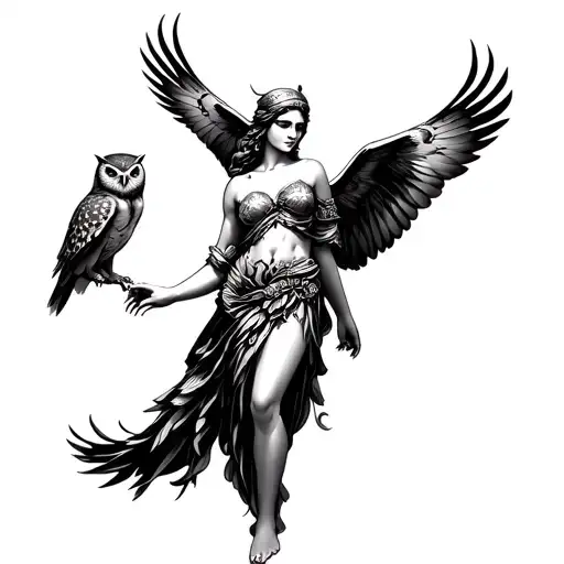 goddess Athena with pet owl flying tattoo design idea