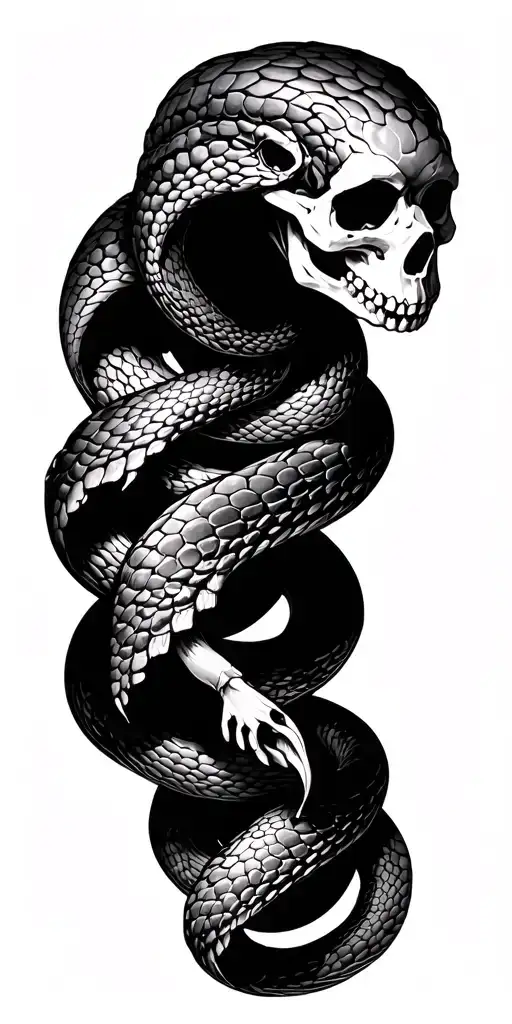 wrapped snake and skulls surrounded tattoo design idea