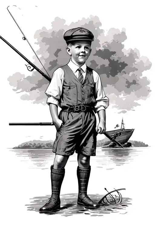 1950s british school boy holding a fishing rod full body tattoo design idea