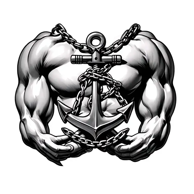 anchor on chest like necklace with chain running through the eyelet and wrapping around neck twice & spiral down arms tattoo design idea