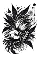 An abstract design symbolizing your diverse interests and hobbies, incorporating elements of ecology, programming, and project management tattoo design idea