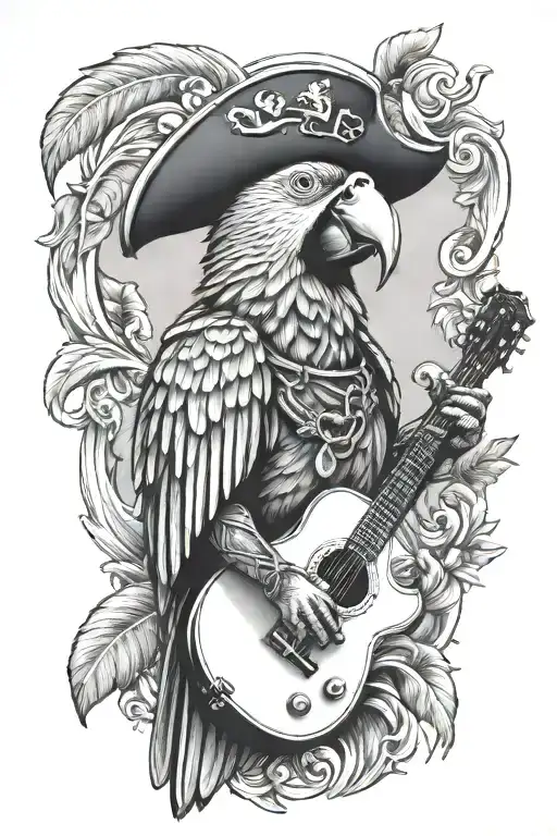 parrot pirate hat and playing guitar tattoo design idea