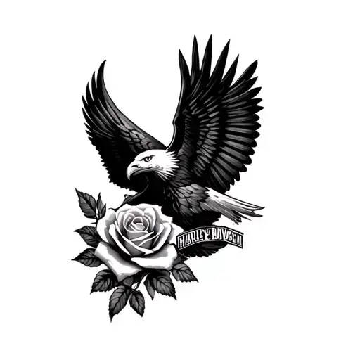 a black realistic shaded Harley Davidson logo with soft  shaded a rose and a beautiful realism eagle tattoo design idea