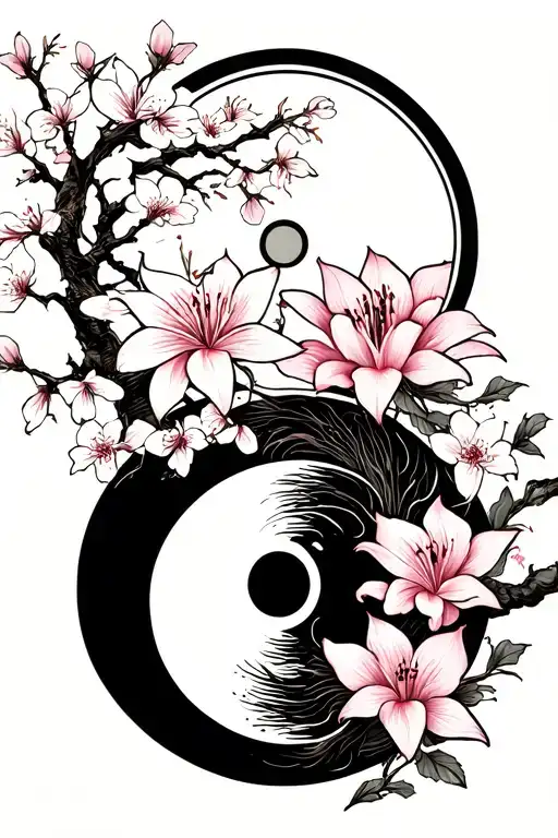 yin Yang with cherry blossom tree spider lily and white and black samurai tattoo design idea