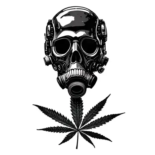 composition black skull robot with a gas mask, in the background a leaf of marijuana in black and white color tattoo design idea