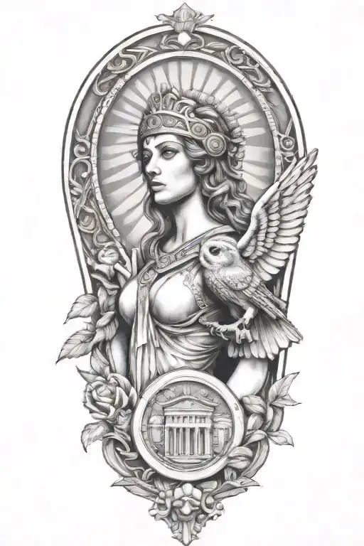 athena greek goddess with owl and parthenon tattoo design idea