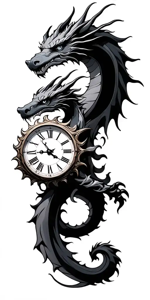 clocks,scrolls, dragon intertwined tattoo design idea