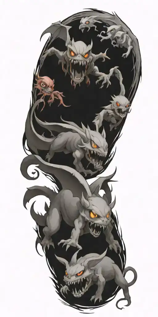 pokemon battling in the form of heaven and hell horror style tattoo design idea
