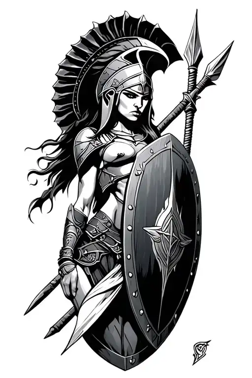 ares as a female spartan with spear and shield adorned tattoo design idea