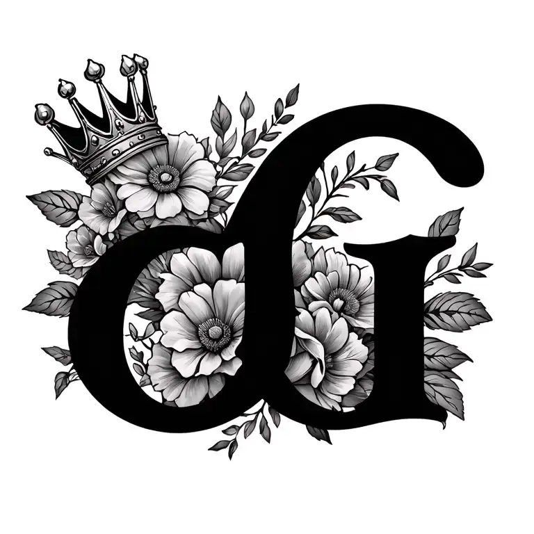 Genesis name with crown on the letter G. Surrounded by bold flowers intertwined tattoo design idea