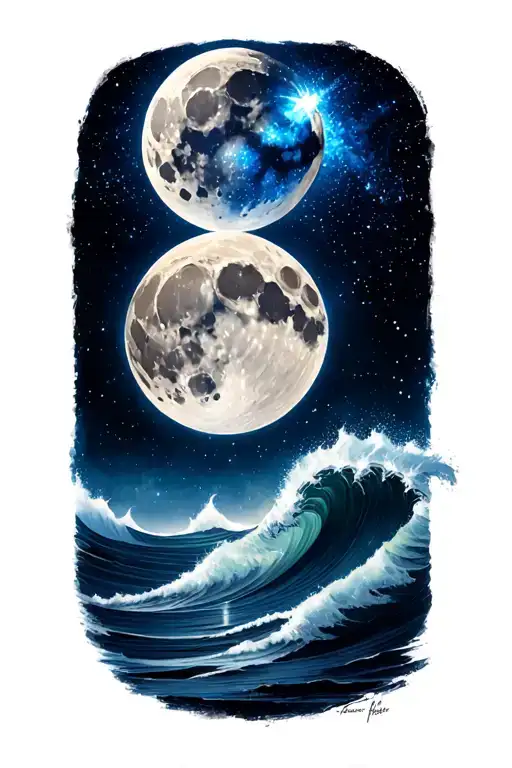 moon on top, quasar on bottom, wave in the middle and a moonstone above  tattoo design idea