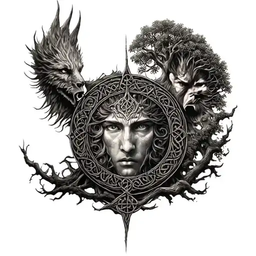 vegvisir and freya and ygg drasil tree surrounded by celtic tattoo design idea