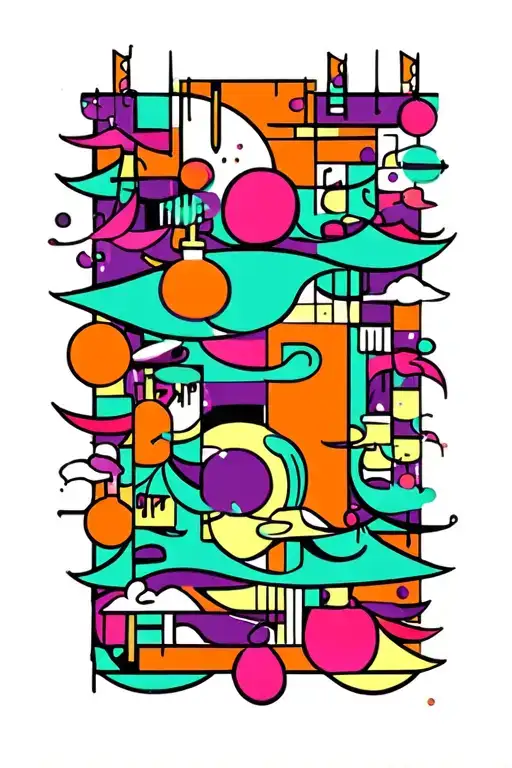 christmas mid century modern long narrow abstract winter turquoise, orange, lime green, purple, and pink tattoo design idea