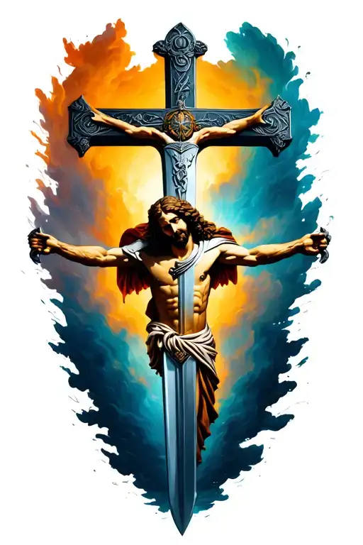 a crusader sword that transforms into jesus on the cross, jesus will be on the cross guard  tattoo design idea