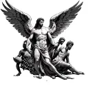 prometheus, eve, socrates, fallen angel, sisyphus, job of the bible in a spider web tattoo design idea