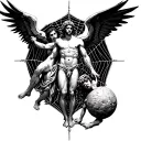prometheus, eve, socrates, fallen angel, sisyphus, job of the bible in a spider web tattoo design idea