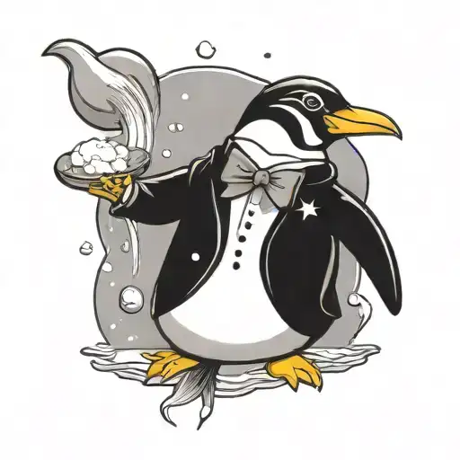 A penguin with a bowtie slipping on a banana peel while juggling snowballs. tattoo design idea