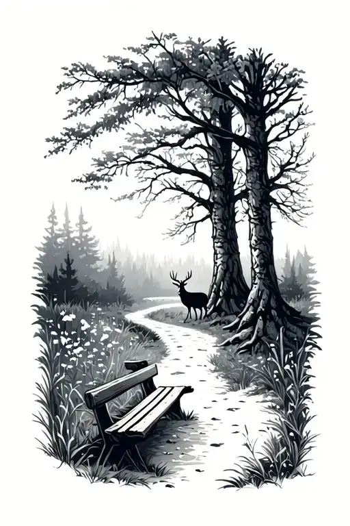forest path with a bench and a deer tattoo design idea