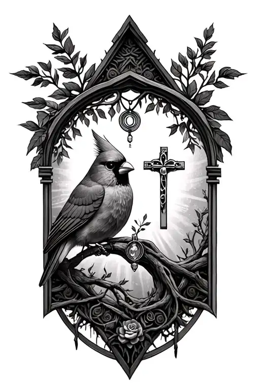 cardinal, rosary, tree of life in memory of my mother tattoo design idea
