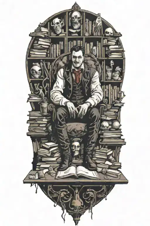 A vampire sitting amongst a pile of corpses and books. Occultism, tortured souls tattoo design idea