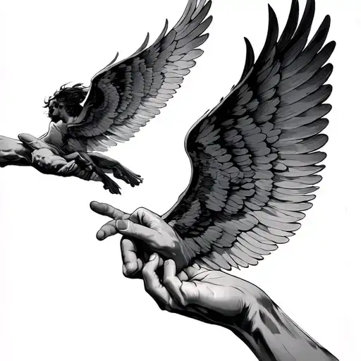 two hands touching icarus falling tattoo design idea