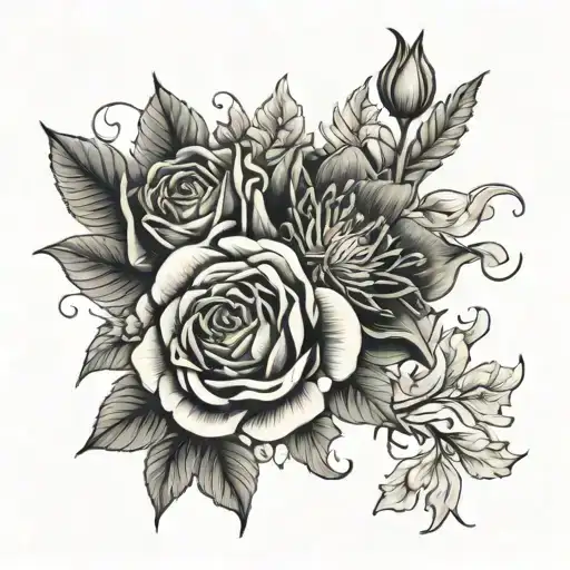 rose, daffodil, chrysanthemum, marigold, carnation bouquet tattoo design idea