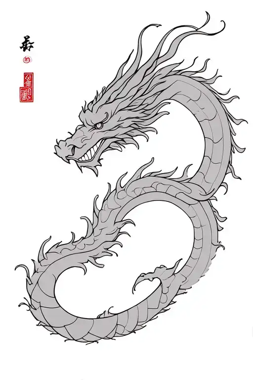Chinese style dragon spine tattoo with the dragon flying upwards and looking upwards. The dragon has a long curvy body tattoo design idea