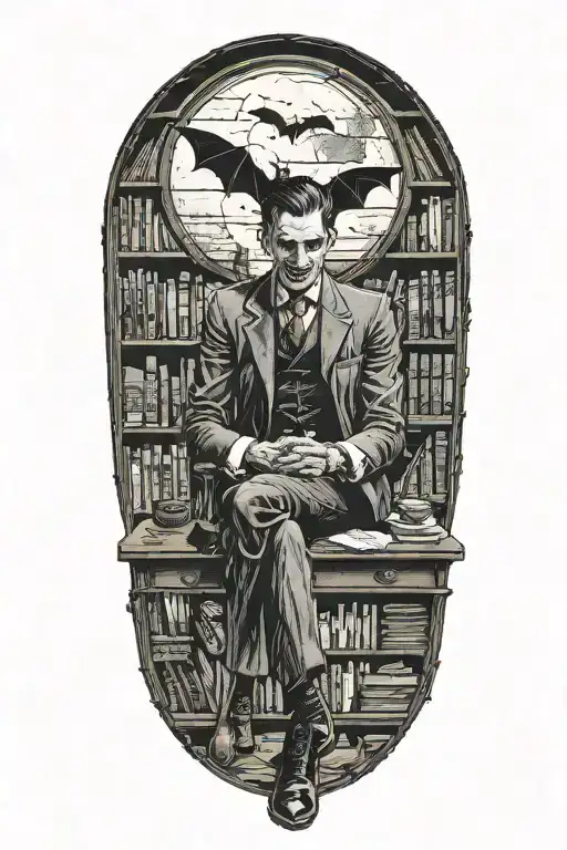 A vampire sitting in an office library. Full moon outside window. Bats  tattoo design idea