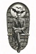 A vampire sitting in an office library. Full moon outside window. Bats  tattoo design idea