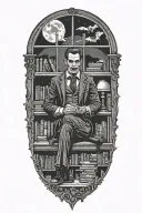 A vampire sitting in an office library. Full moon outside window. Bats  tattoo design idea