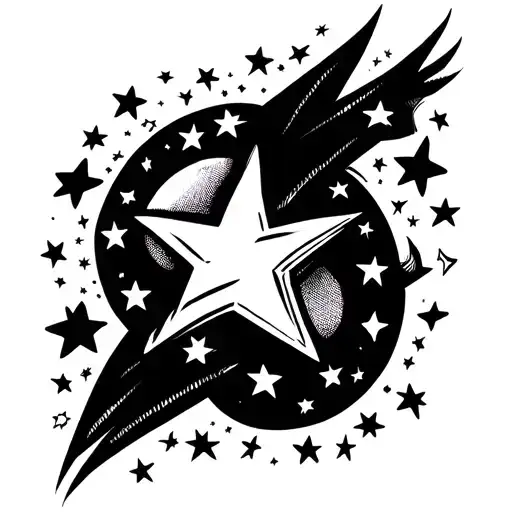 long straight skinny black solid line with lots of stars on both sides of it in black and white tattoo design idea