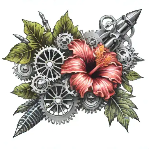 A realistic Hawaiian hibiscus flower with mechanical gears and tools intertwined, symbolizing the client's passion for both Hawaii and AH-64 mechanics tattoo design idea