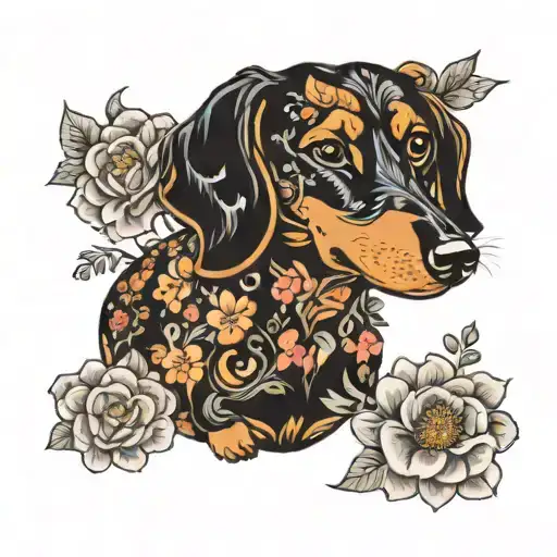 dachshund and florals forming the shape tattoo design idea