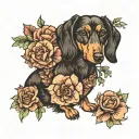 dachshund and florals forming the shape tattoo design idea