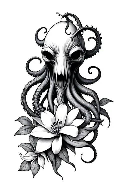 Terrifying small-headed Cthulhu goth, long aggressive tentacles with magnolia & lilys flowers intertwined tattoo design idea