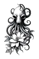 Terrifying small-headed Cthulhu goth, long aggressive tentacles with magnolia & lilys flowers intertwined tattoo design idea