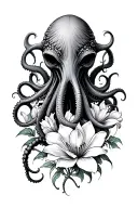 Terrifying small-headed Cthulhu goth, long aggressive tentacles with magnolia & lilys flowers intertwined tattoo design idea