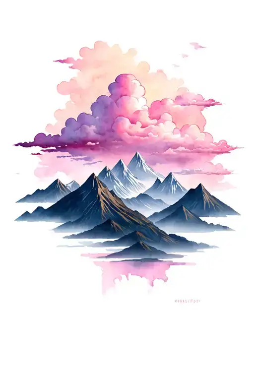 A serene landscape tattoo featuring pink clouds floating over majestic mountains, symbolizing the beauty of nature and the peacefulness of the sky tattoo design idea
