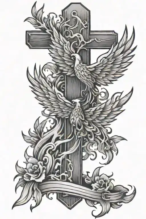 wooden cross phoenix rising from ashes tattoo design idea