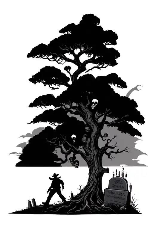 graveyard, skulls with candles, and a cowboy walking away and a tree   tattoo design idea