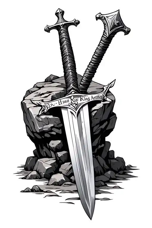 Create a tattoo with a sword stuck in a stone and on the stone written the name of my son in the style of King Arthur tattoo design idea